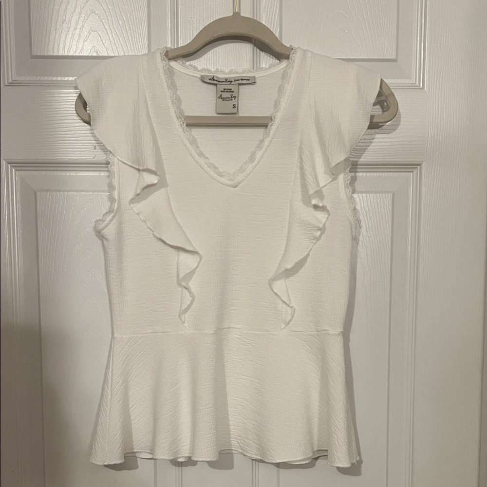 American Rag Cream Ruffled V-Neck Blouse Size S